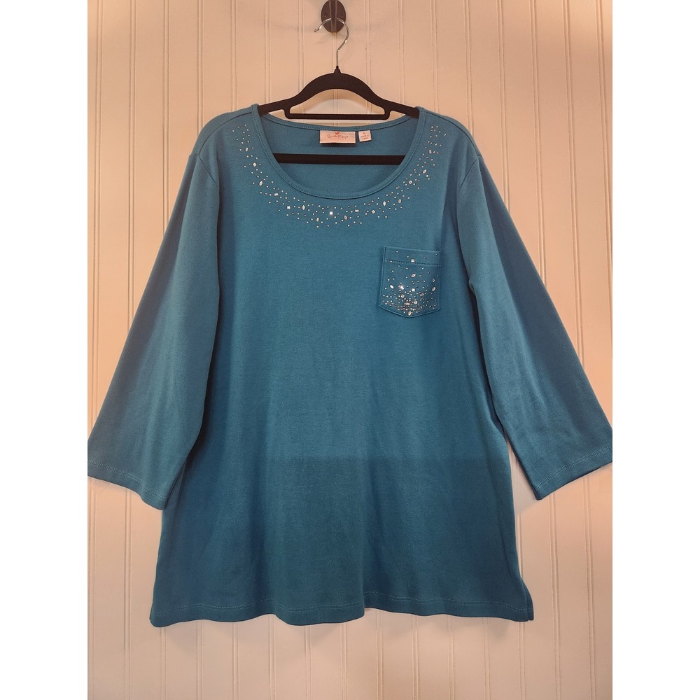 Quacker Factory Teal Blue Embellished Rhinestone Pocket Top 3/4 Sleeve Womens XL